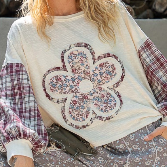 POL Tops - 97. NWOT POL Plaid Floral Flower Patch Applique Long Sleeve in Cream/Burgundy